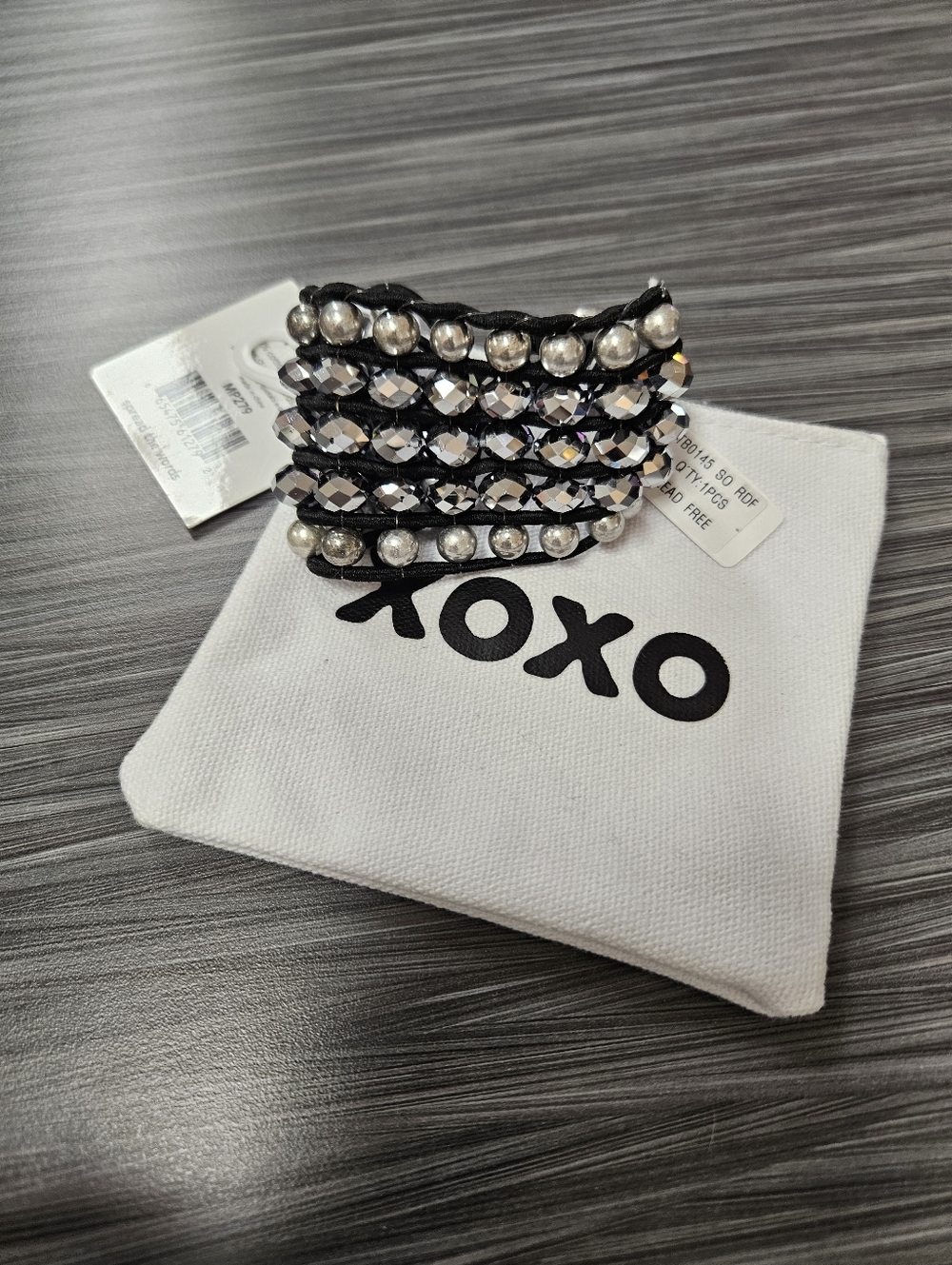 NWT Black and Silver Multi-Row Stretch Beaded Wrap Bracelet + XOXO Zip Pouch